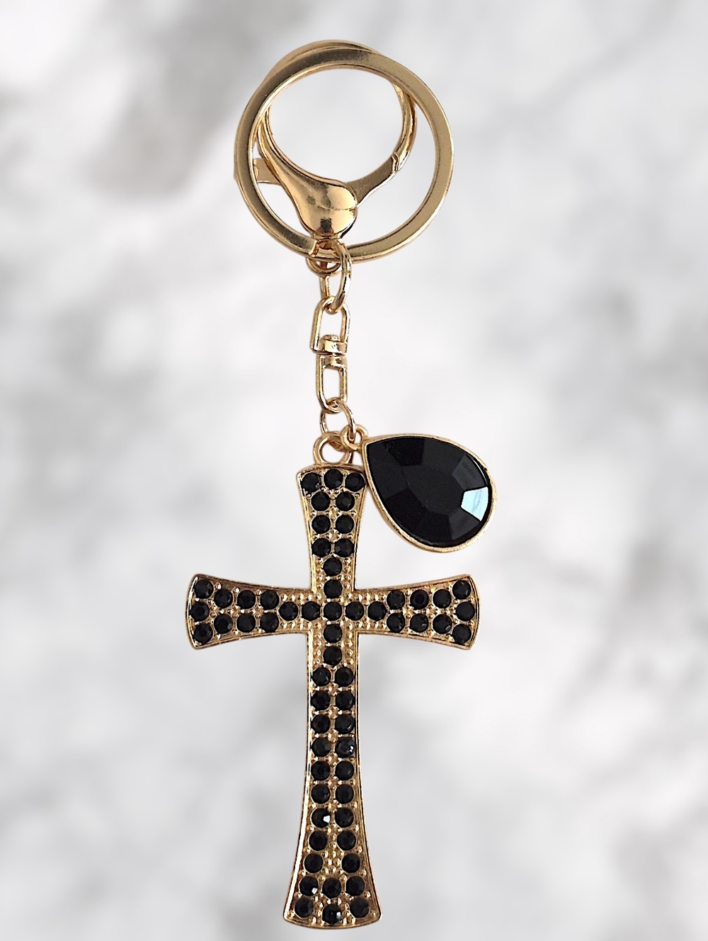 Black Crystal Cross Bag Charm / Keychain with Teardrop Charm